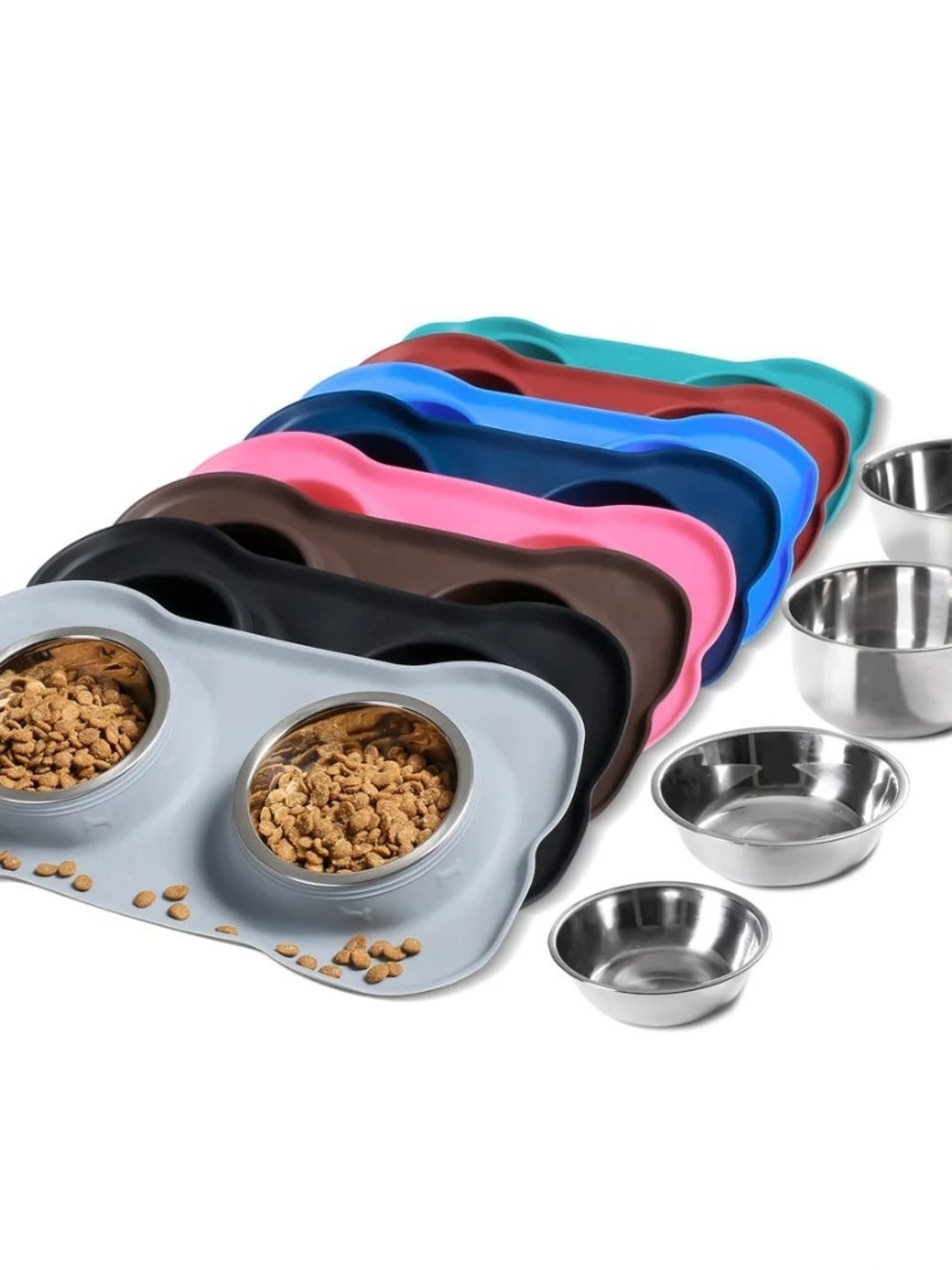 Silicone Double Pet Bowl Mat with Stainless Steel Bowls - Gray